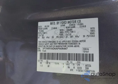 2010 Ford Ranger Xl/Xlt из США, поврежденный, VIN 1FTKR1AD6APA06447